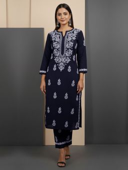 PARAMOUNT CHIKAN - Navy Blue Women Hand Embroidered Chikankari Cotton Kurta with Pant