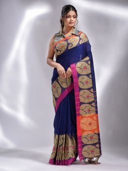 CHARUKRITI - Royal Blue Pure Cotton Handwoven Kolka Border Saree with Unstitched Blouse