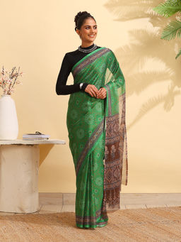 Garden VARELI - Green Chiffon Printed Saree with Unstitched Blouse