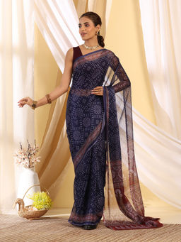 Garden VARELI - Blue Chiffon Printed Saree with Unstitched Blouse