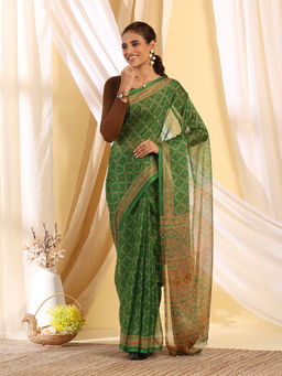 Garden VARELI - Green Chiffon Printed Saree with Unstitched Blouse