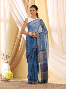 Garden VARELI - Turquoise Chiffon Printed Saree with Unstitched Blouse