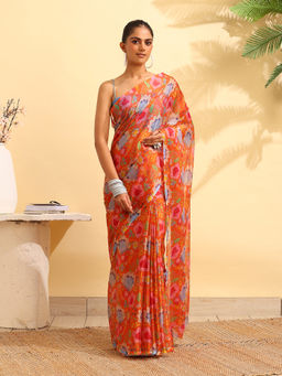 Garden VARELI - Orange Chiffon Printed Saree with Unstitched Blouse