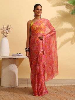 Garden VARELI - Red Chiffon Printed Saree with Unstitched Blouse
