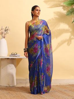 Garden VARELI - Blue Chiffon Printed Saree with Unstitched Blouse