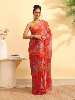 Garden VARELI - Orange Chiffon Printed Saree with Unstitched Blouse