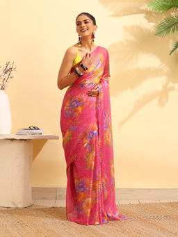 Garden VARELI - Pink Chiffon Printed Saree with Unstitched Blouse