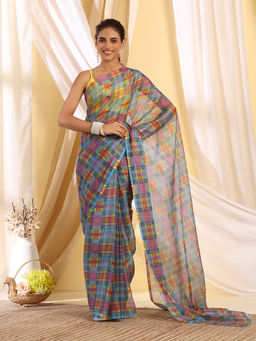 Garden VARELI - Multi-Color Chiffon Checks Saree with Unstitched Blouse