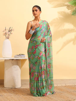 Garden VARELI - Green Chiffon Floral Saree with Unstitched Blouse