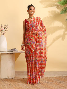 Garden VARELI - Rust Chiffon Floral Saree with Unstitched Blouse