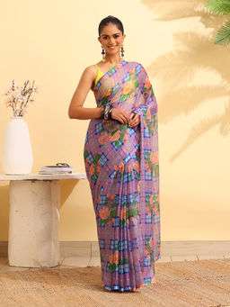 Garden VARELI - Purple Chiffon Floral Saree with Unstitched Blouse
