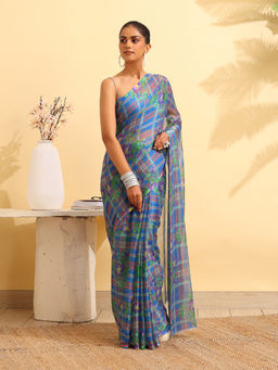 Garden VARELI - Blue Chiffon Floral Saree with Unstitched Blouse