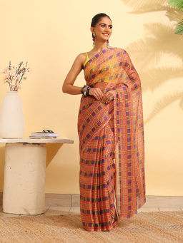 Garden VARELI - Yellow Chiffon Checks Saree with Unstitched Blouse