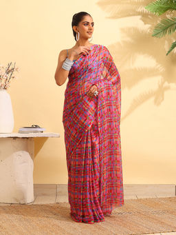 Garden VARELI - Pink Chiffon Checks Saree with Unstitched Blouse
