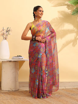 Garden VARELI - Pink Chiffon Floral Saree with Unstitched Blouse