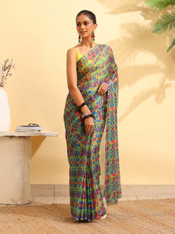 Garden VARELI - Green Chiffon Checks Saree with Unstitched Blouse