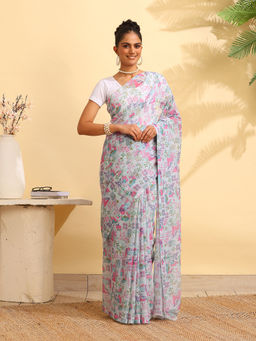 Garden VARELI - Off White Georgette Printed Saree with Unstitched Blouse