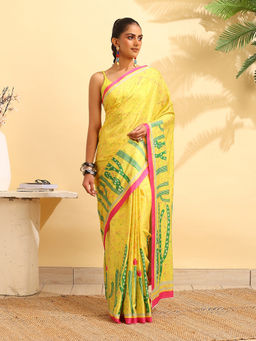 Garden VARELI - Yellow Satin Printed Saree with Unstitched Blouse