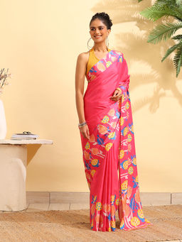 Garden VARELI - Pink Satin Printed Saree with Unstitched Blouse