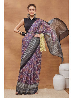 RACHNA - Wine Silk Blend Printed Saree Without Blouse