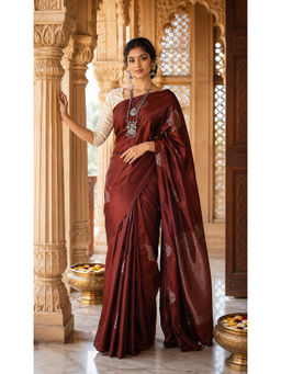 Anjaneya Sarees - Maroon Silk Blend Woven Saree with Unstitched Blouse