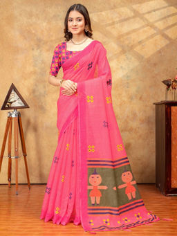 Odette - Pink Cotton Blend Printed Saree with Unstitched Blouse