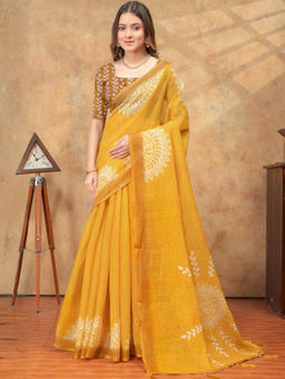 Odette - Yellow Cotton Blend Printed Saree with Unstitched Blouse