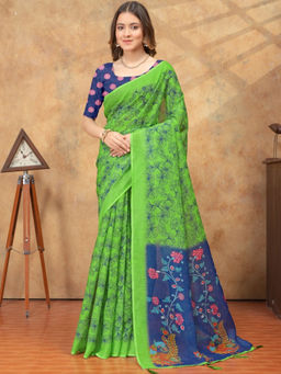 Odette - Green Cotton Blend Floral Saree with Unstitched Blouse