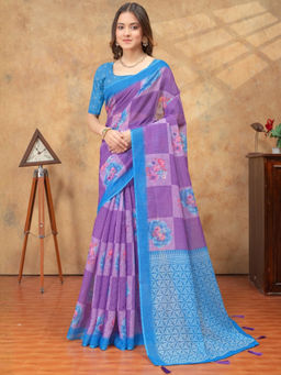 Odette - Purple Cotton Blend Floral Saree with Unstitched Blouse