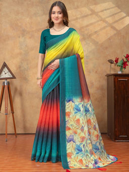 Odette - Multi-Color Cotton Blend Colorblock Saree with Unstitched Blouse
