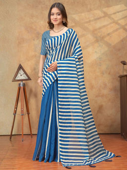 Odette - Blue Cotton Blend Stripes Saree with Unstitched Blouse