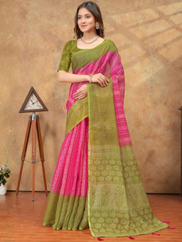 Odette - Pink Cotton Blend Printed Saree with Unstitched Blouse