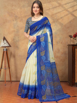 Odette - Off White Cotton Blend Printed Saree with Unstitched Blouse