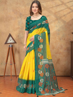 Odette - Yellow Cotton Blend Floral Saree with Unstitched Blouse