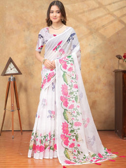 Odette - White Cotton Blend Floral Saree with Unstitched Blouse