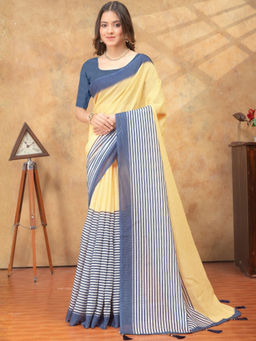 Odette - Beige Cotton Blend Stripes Saree with Unstitched Blouse