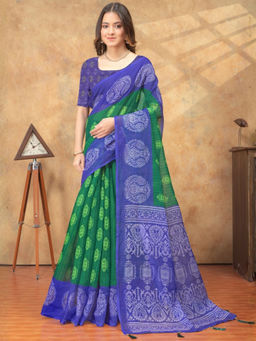 Odette - Green Cotton Blend Printed Saree with Unstitched Blouse