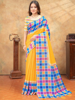 Odette - Yellow Cotton Blend Checks Saree with Unstitched Blouse