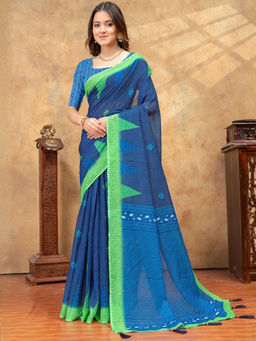 Odette - Navy Blue Cotton Blend Printed Saree with Unstitched Blouse