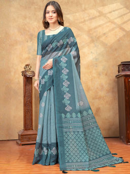 Odette - Grey Cotton Blend Printed Saree with Unstitched Blouse