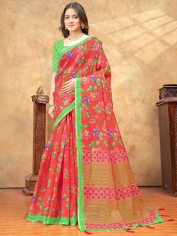 Odette - Red Cotton Blend Floral Saree with Unstitched Blouse