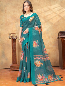 Odette - Blue Cotton Blend Floral Saree with Unstitched Blouse