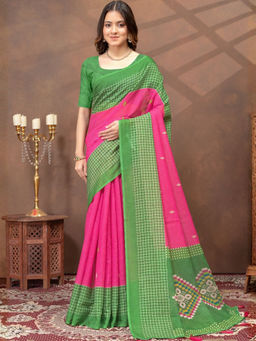 Odette - Pink Cotton Blend Printed Saree with Unstitched Blouse