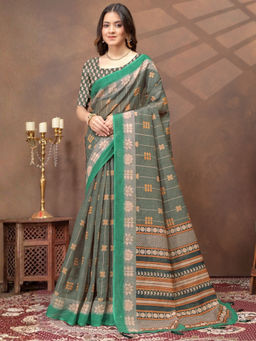 Odette - Green Cotton Blend Printed Saree with Unstitched Blouse
