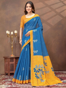 Odette - Blue Cotton Blend Printed Saree with Unstitched Blouse