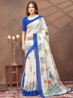 Odette - White Cotton Blend Printed Saree with Unstitched Blouse