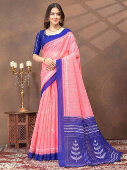 Odette - Pink Cotton Blend Printed Saree with Unstitched Blouse