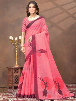 Odette - Pink Cotton Blend Printed Saree with Unstitched Blouse