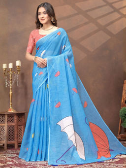 Odette - Blue Cotton Blend Printed Saree with Unstitched Blouse