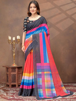 Odette - Multi-Color Cotton Blend Colorblock Saree with Unstitched Blouse